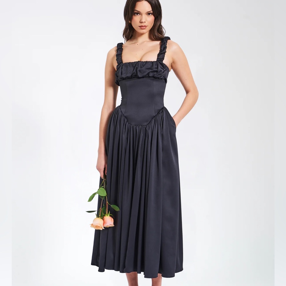 Black Satin Drop Waist Midi Dress